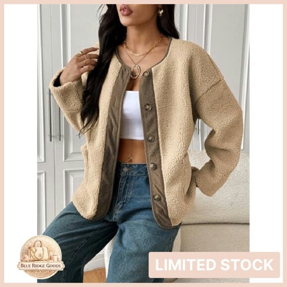 Faux Fur Sherpa Jacket Button Down Pockets Casual Winter Outerwear - Picture 4 of 8